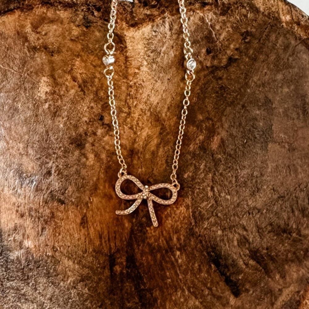 Western Dainty Crystal Cowgirl Layering Necklace Coquette Bow Goldtone